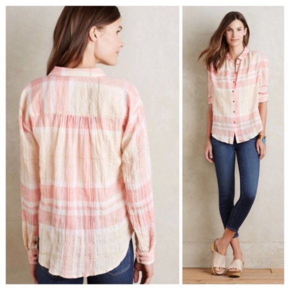 Anthro HOLDING HORSES Gailen pink plaid metallic stripe gauzy button down blouse - Picture 10 of 10